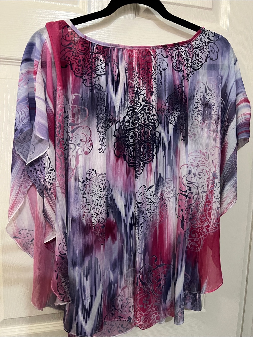 JM Collection Pink Purple and White Watercolor-Print Flutter Sleeve Tunic NWOT - Picture 6 of 6